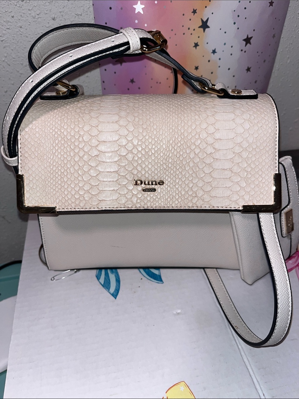 Dune London Cream Textured Top-Handle Satchel with Gold Trim